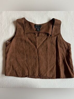 Tahari Brown Crop 100% Linen Square Neck Tank Top